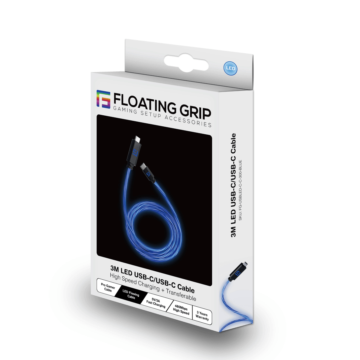 3M/10ft LED USB-C/USB-C Cable | High-Speed Charging + Sync - FLOATING GRIP