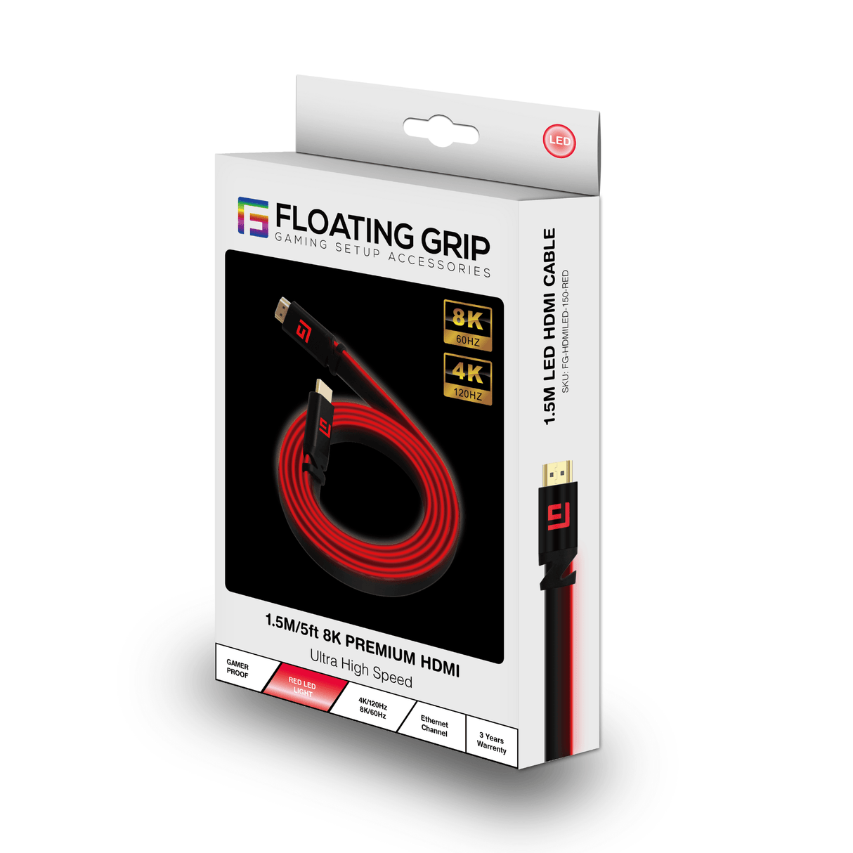 Premium 1.5M/5ft HDMI Cable | Ultra High-Speed Performance and LED Lighting | V2.1 | 8K/60Hz - FLOATING GRIP