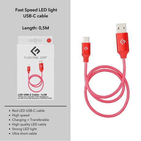 0,5M/2ft LED USB-C/USB-A Cable | High-Speed Charging + Sync - FLOATING GRIP